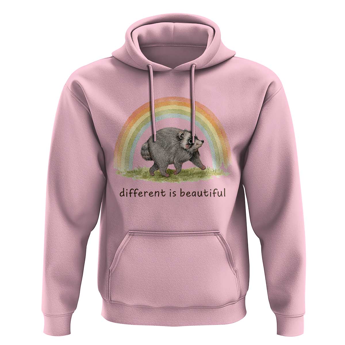 Cute Viral Raccoon Positive Quote Hoodie Different Is Beautiful Pastel Rainbow Graphic