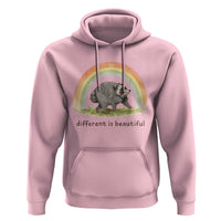 Cute Viral Raccoon Positive Quote Hoodie Different Is Beautiful Pastel Rainbow Graphic