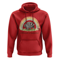 Cute Viral Raccoon Positive Quote Hoodie Different Is Beautiful Pastel Rainbow Graphic