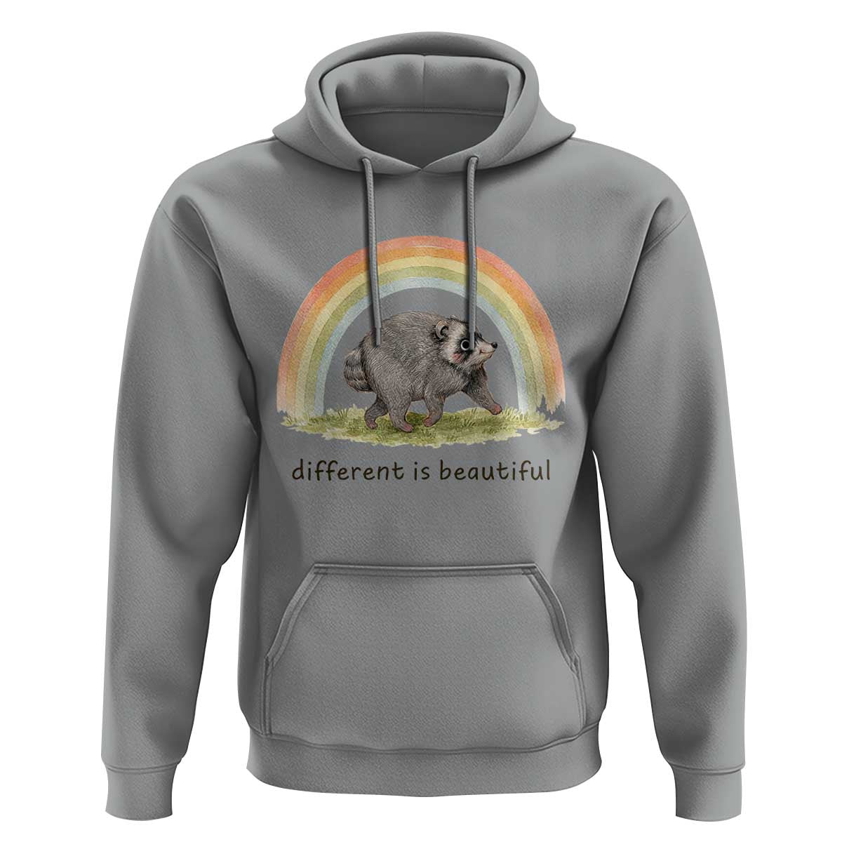 Cute Viral Raccoon Positive Quote Hoodie Different Is Beautiful Pastel Rainbow Graphic