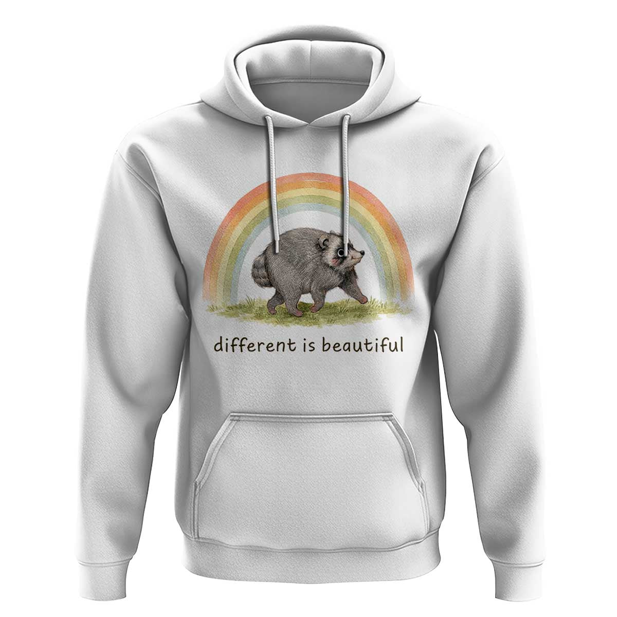 Cute Viral Raccoon Positive Quote Hoodie Different Is Beautiful Pastel Rainbow Graphic