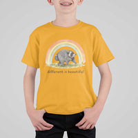 Cute Viral Raccoon Positive Quote T Shirt For Kid Different Is Beautiful Pastel Rainbow Graphic