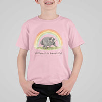 Cute Viral Raccoon Positive Quote T Shirt For Kid Different Is Beautiful Pastel Rainbow Graphic
