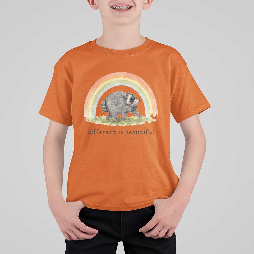 Cute Viral Raccoon Positive Quote T Shirt For Kid Different Is Beautiful Pastel Rainbow Graphic