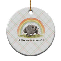 Cute Viral Raccoon Positive Quote Ceramic Ornament Different Is Beautiful Pastel Rainbow Graphic