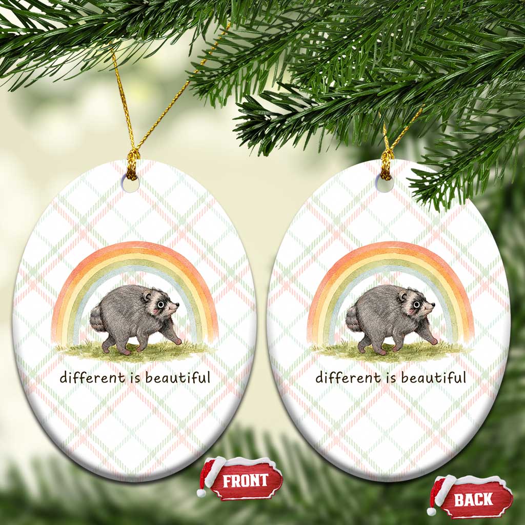 Cute Viral Raccoon Positive Quote Ceramic Ornament Different Is Beautiful Pastel Rainbow Graphic