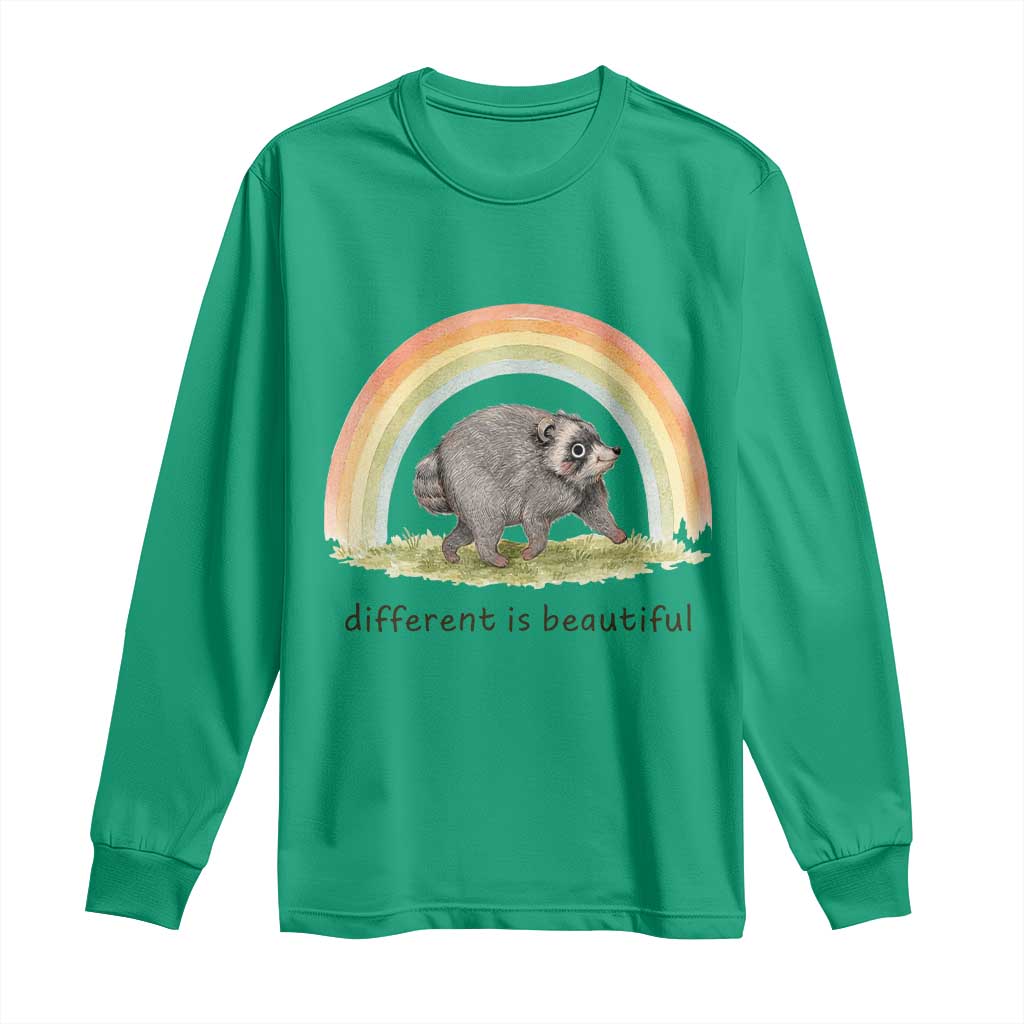 Cute Viral Raccoon Positive Quote Long Sleeve Shirt Different Is Beautiful Pastel Rainbow Graphic