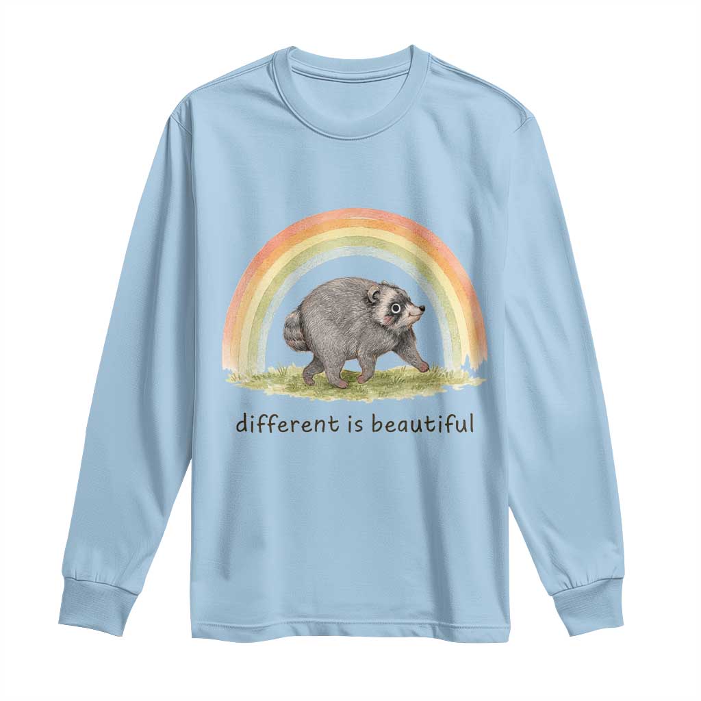 Cute Viral Raccoon Positive Quote Long Sleeve Shirt Different Is Beautiful Pastel Rainbow Graphic