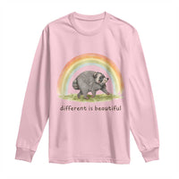 Cute Viral Raccoon Positive Quote Long Sleeve Shirt Different Is Beautiful Pastel Rainbow Graphic