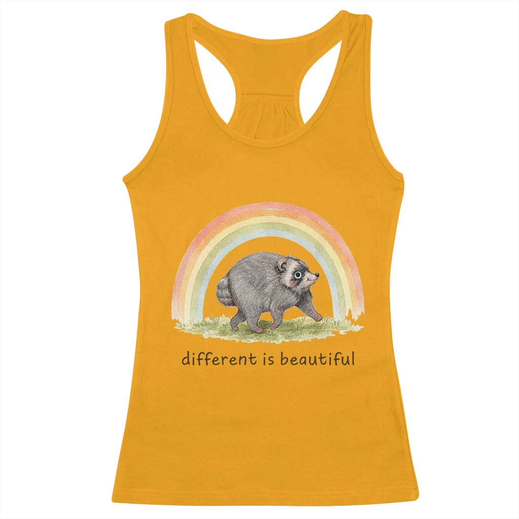 Cute Viral Raccoon Positive Quote Racerback Tank Top Different Is Beautiful Pastel Rainbow Graphic