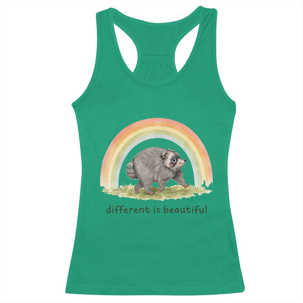 Cute Viral Raccoon Positive Quote Racerback Tank Top Different Is Beautiful Pastel Rainbow Graphic