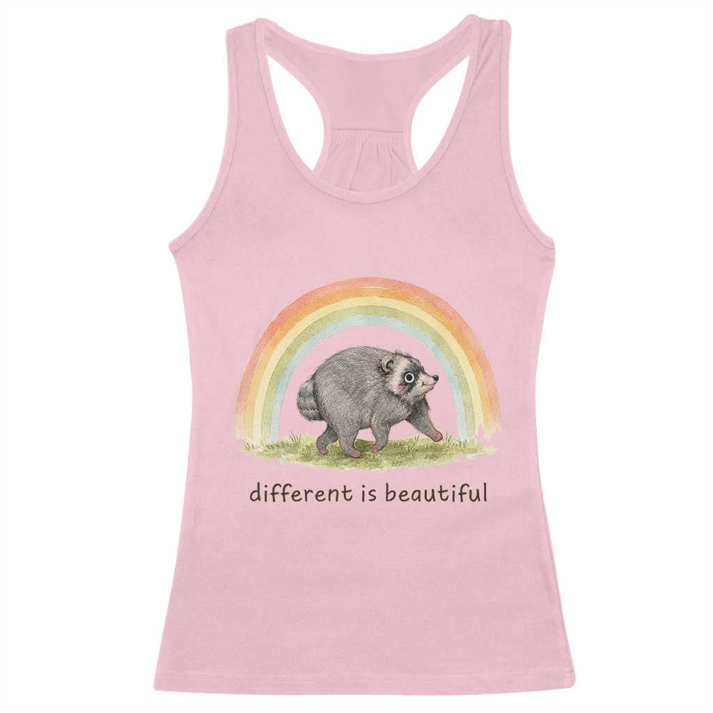 Cute Viral Raccoon Positive Quote Racerback Tank Top Different Is Beautiful Pastel Rainbow Graphic