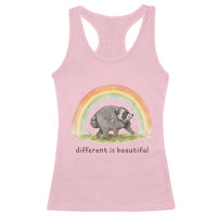 Cute Viral Raccoon Positive Quote Racerback Tank Top Different Is Beautiful Pastel Rainbow Graphic
