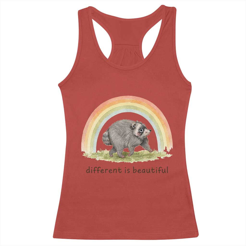 Cute Viral Raccoon Positive Quote Racerback Tank Top Different Is Beautiful Pastel Rainbow Graphic