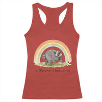 Cute Viral Raccoon Positive Quote Racerback Tank Top Different Is Beautiful Pastel Rainbow Graphic