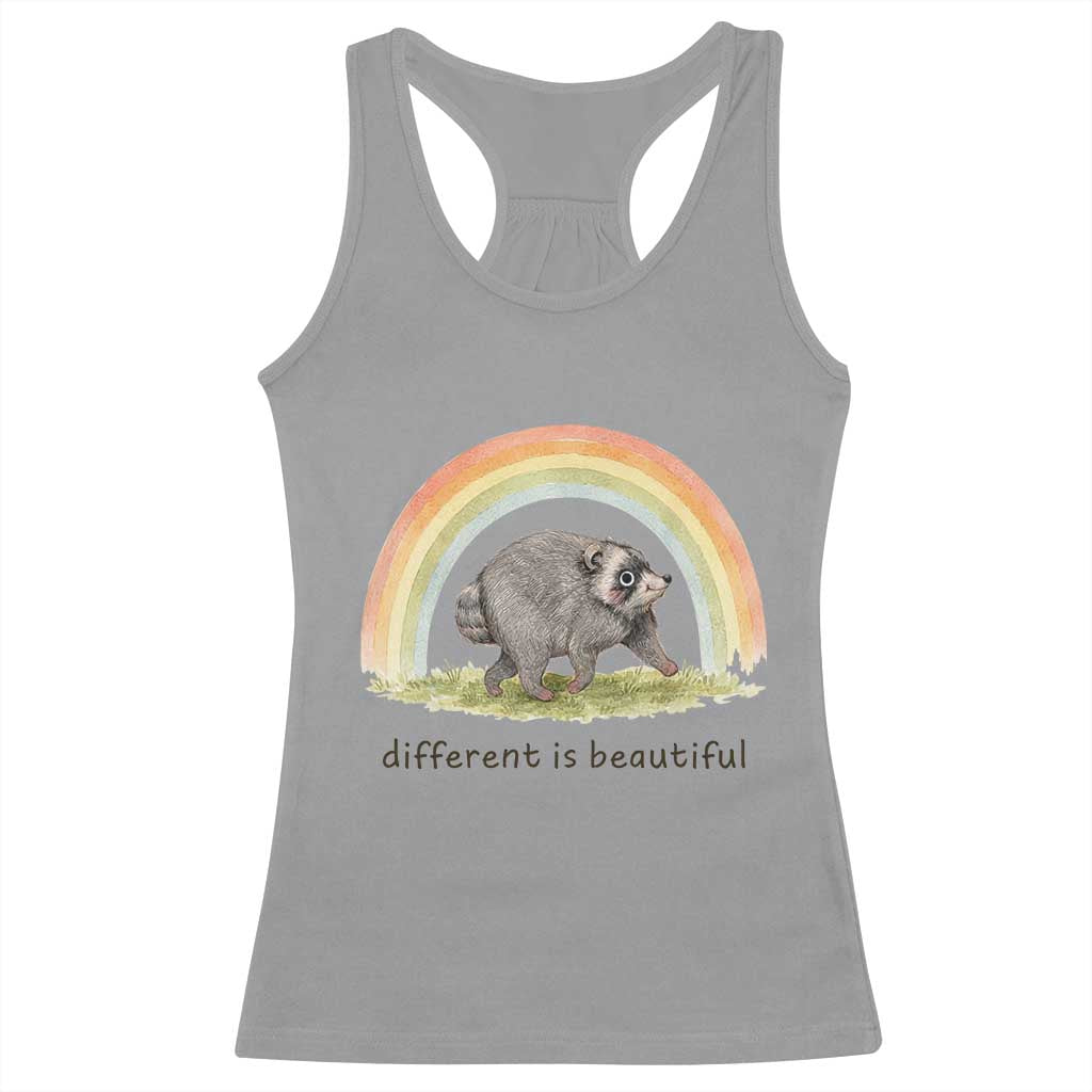 Cute Viral Raccoon Positive Quote Racerback Tank Top Different Is Beautiful Pastel Rainbow Graphic