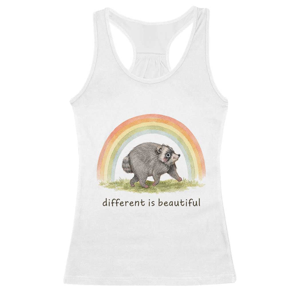 Cute Viral Raccoon Positive Quote Racerback Tank Top Different Is Beautiful Pastel Rainbow Graphic