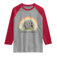 Cute Viral Raccoon Positive Quote Raglan Shirt Different Is Beautiful Pastel Rainbow Graphic