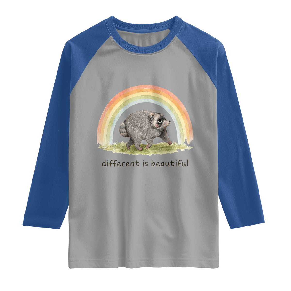 Cute Viral Raccoon Positive Quote Raglan Shirt Different Is Beautiful Pastel Rainbow Graphic