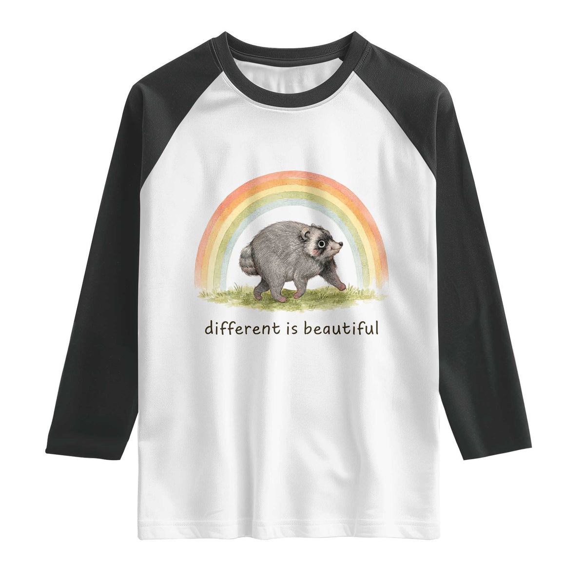Cute Viral Raccoon Positive Quote Raglan Shirt Different Is Beautiful Pastel Rainbow Graphic