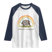 Cute Viral Raccoon Positive Quote Raglan Shirt Different Is Beautiful Pastel Rainbow Graphic