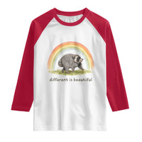 Cute Viral Raccoon Positive Quote Raglan Shirt Different Is Beautiful Pastel Rainbow Graphic