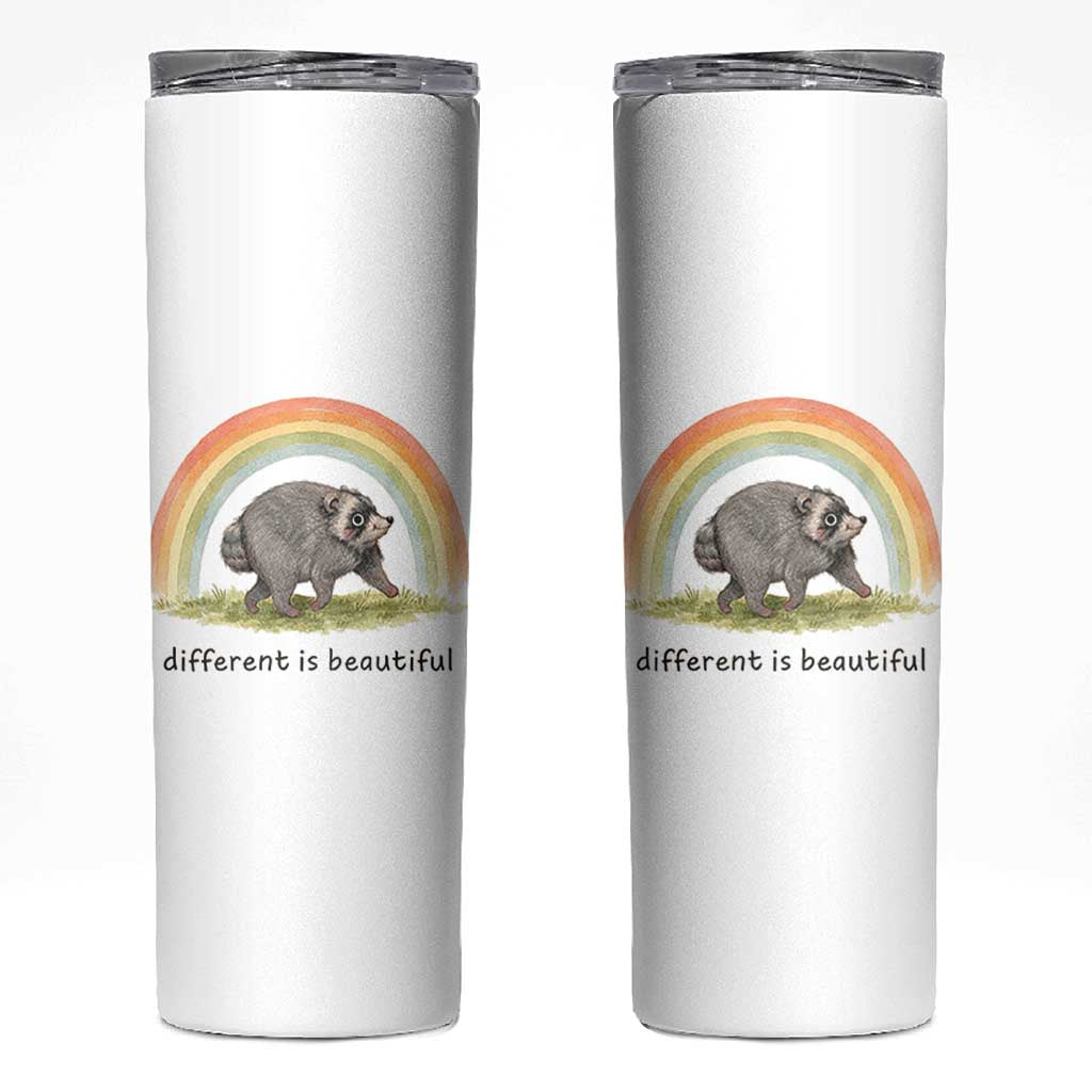 Cute Viral Raccoon Positive Quote Skinny Tumbler Different Is Beautiful Pastel Rainbow Graphic