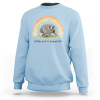 Cute Viral Raccoon Positive Quote Sweatshirt Different Is Beautiful Pastel Rainbow Graphic