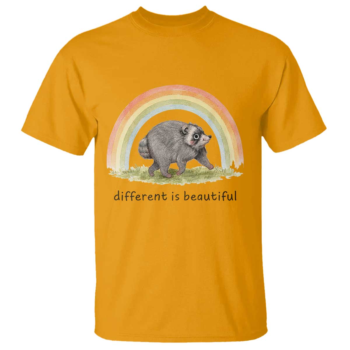 Cute Viral Raccoon Positive Quote T Shirt Different Is Beautiful Pastel Rainbow Graphic