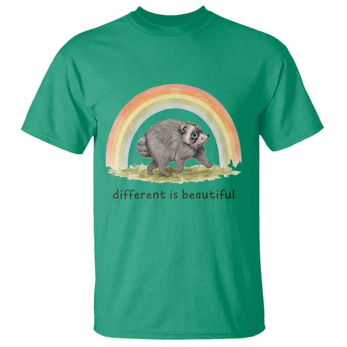 Cute Viral Raccoon Positive Quote T Shirt Different Is Beautiful Pastel Rainbow Graphic