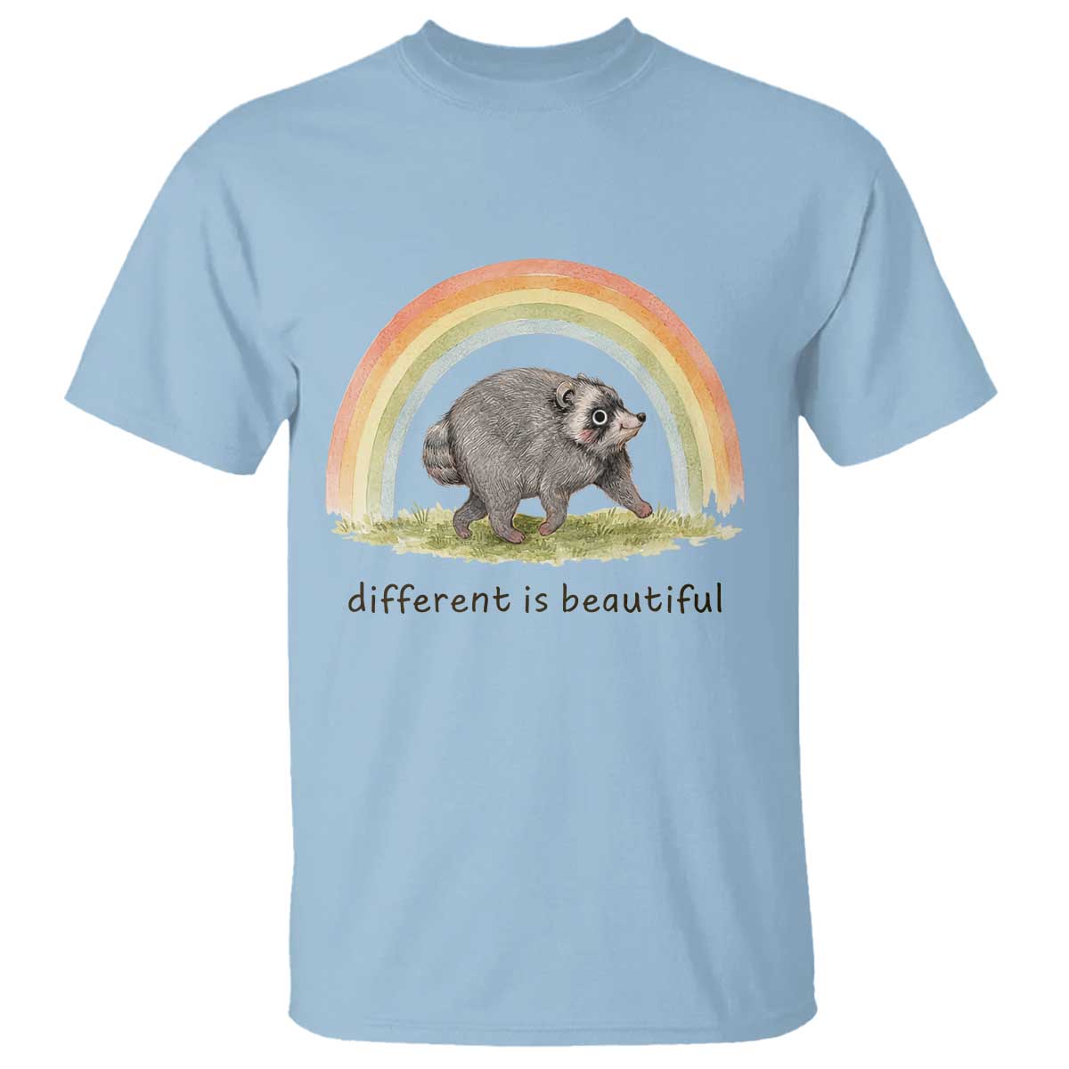 Cute Viral Raccoon Positive Quote T Shirt Different Is Beautiful Pastel Rainbow Graphic