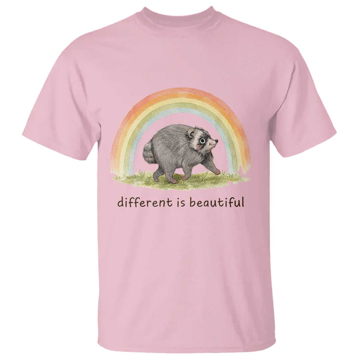 Cute Viral Raccoon Positive Quote T Shirt Different Is Beautiful Pastel Rainbow Graphic