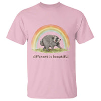 Cute Viral Raccoon Positive Quote T Shirt Different Is Beautiful Pastel Rainbow Graphic