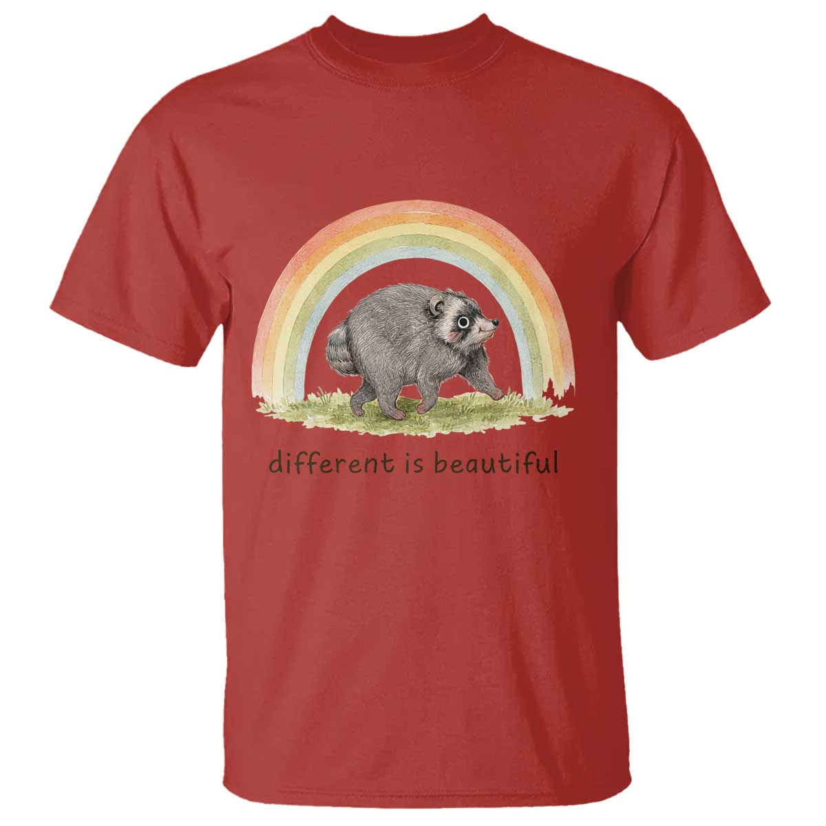Cute Viral Raccoon Positive Quote T Shirt Different Is Beautiful Pastel Rainbow Graphic