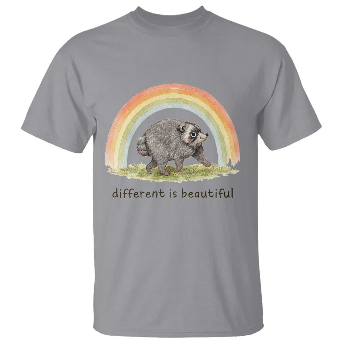 Cute Viral Raccoon Positive Quote T Shirt Different Is Beautiful Pastel Rainbow Graphic