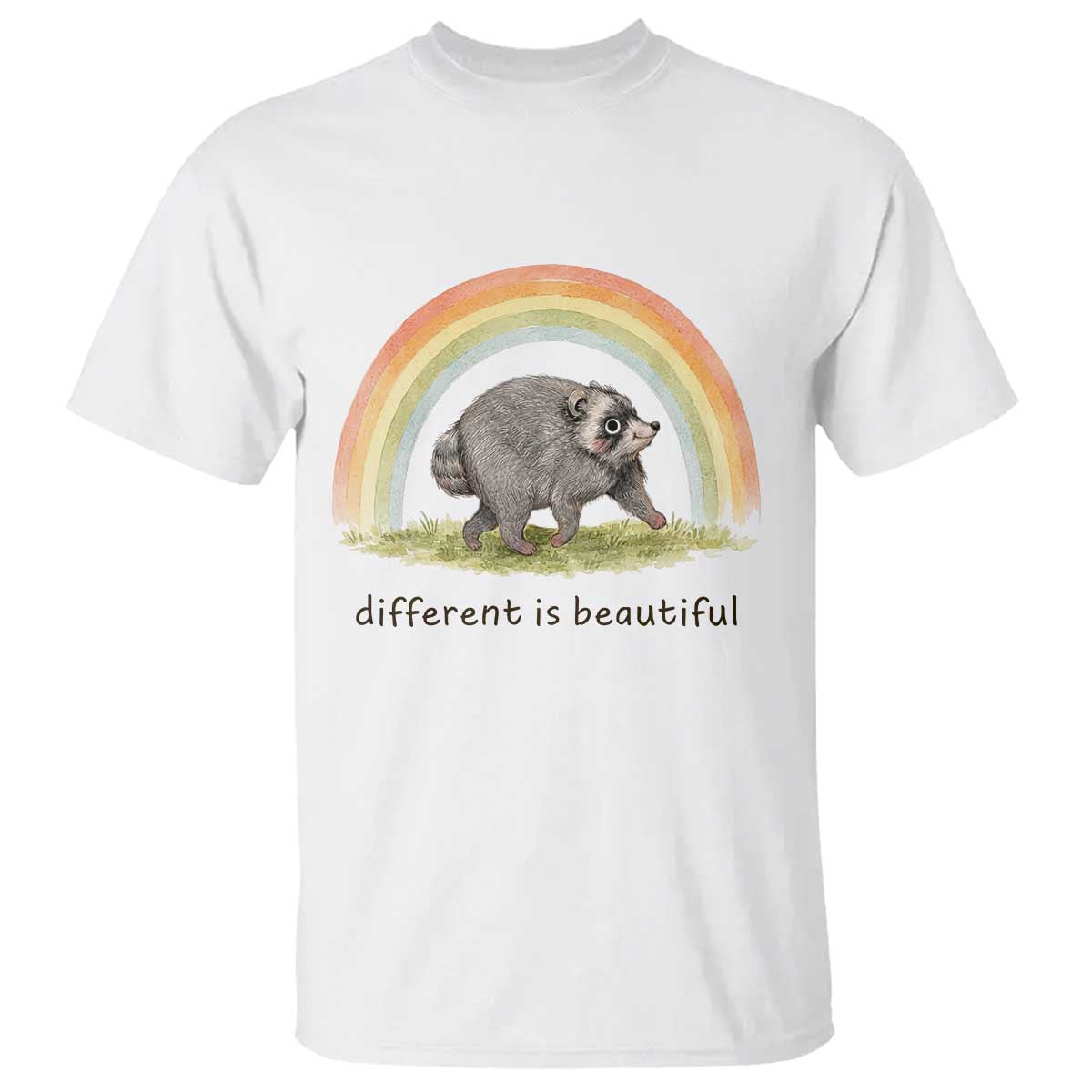 Cute Viral Raccoon Positive Quote T Shirt Different Is Beautiful Pastel Rainbow Graphic