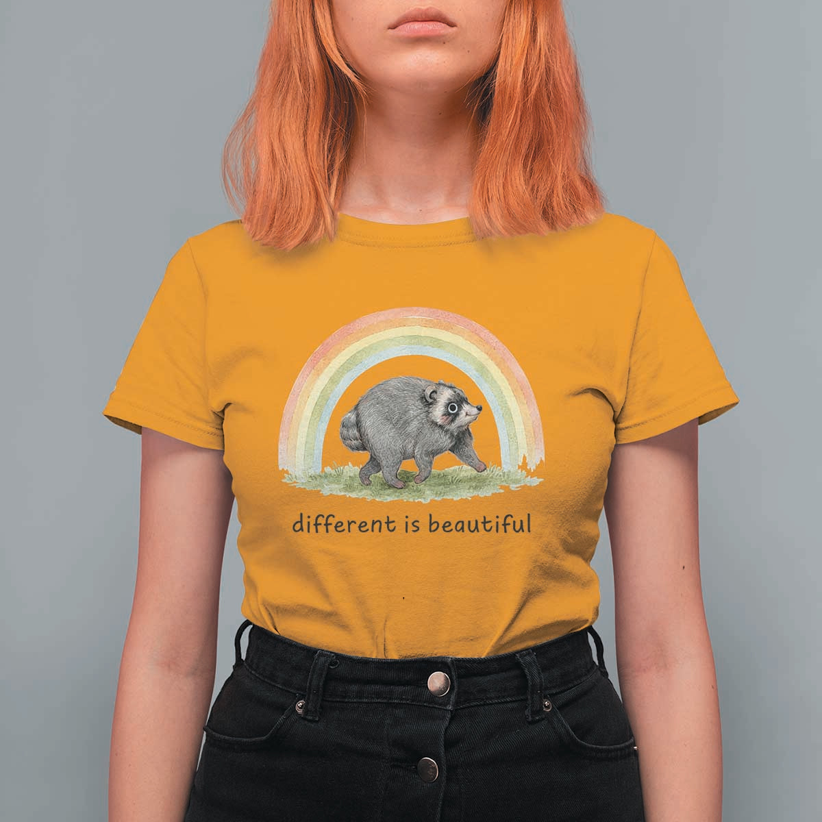 Cute Viral Raccoon Positive Quote T Shirt For Women Different Is Beautiful Pastel Rainbow Graphic