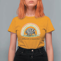 Cute Viral Raccoon Positive Quote T Shirt For Women Different Is Beautiful Pastel Rainbow Graphic