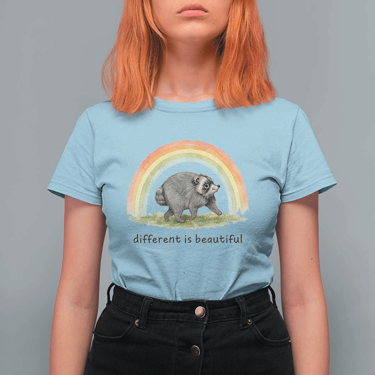 Cute Viral Raccoon Positive Quote T Shirt For Women Different Is Beautiful Pastel Rainbow Graphic