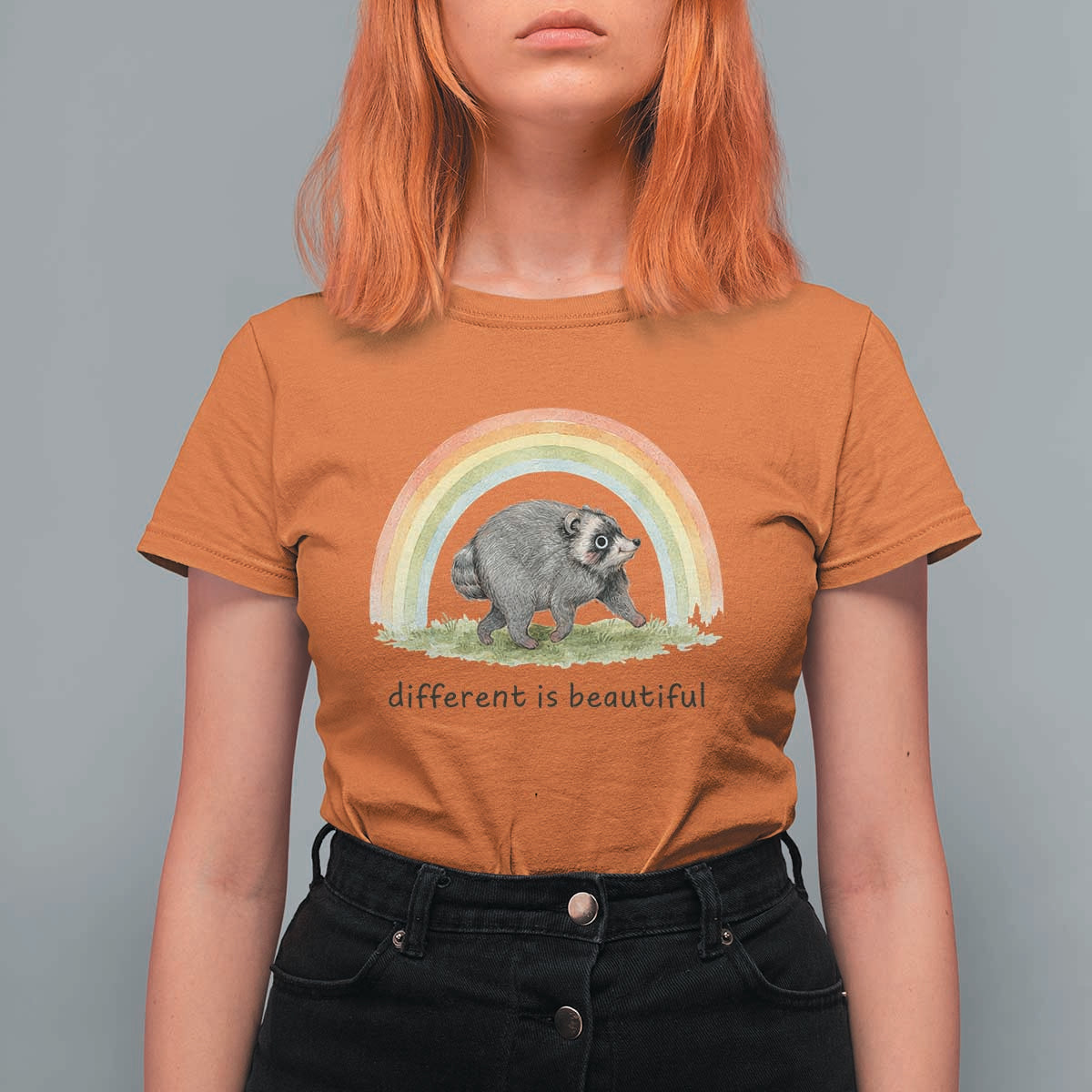 Cute Viral Raccoon Positive Quote T Shirt For Women Different Is Beautiful Pastel Rainbow Graphic