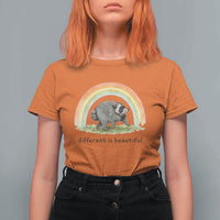 Cute Viral Raccoon Positive Quote T Shirt For Women Different Is Beautiful Pastel Rainbow Graphic