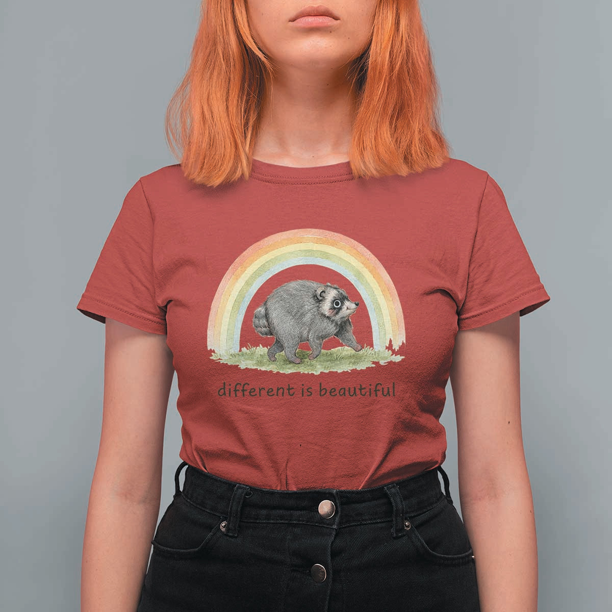 Cute Viral Raccoon Positive Quote T Shirt For Women Different Is Beautiful Pastel Rainbow Graphic