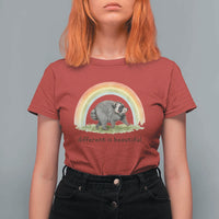 Cute Viral Raccoon Positive Quote T Shirt For Women Different Is Beautiful Pastel Rainbow Graphic