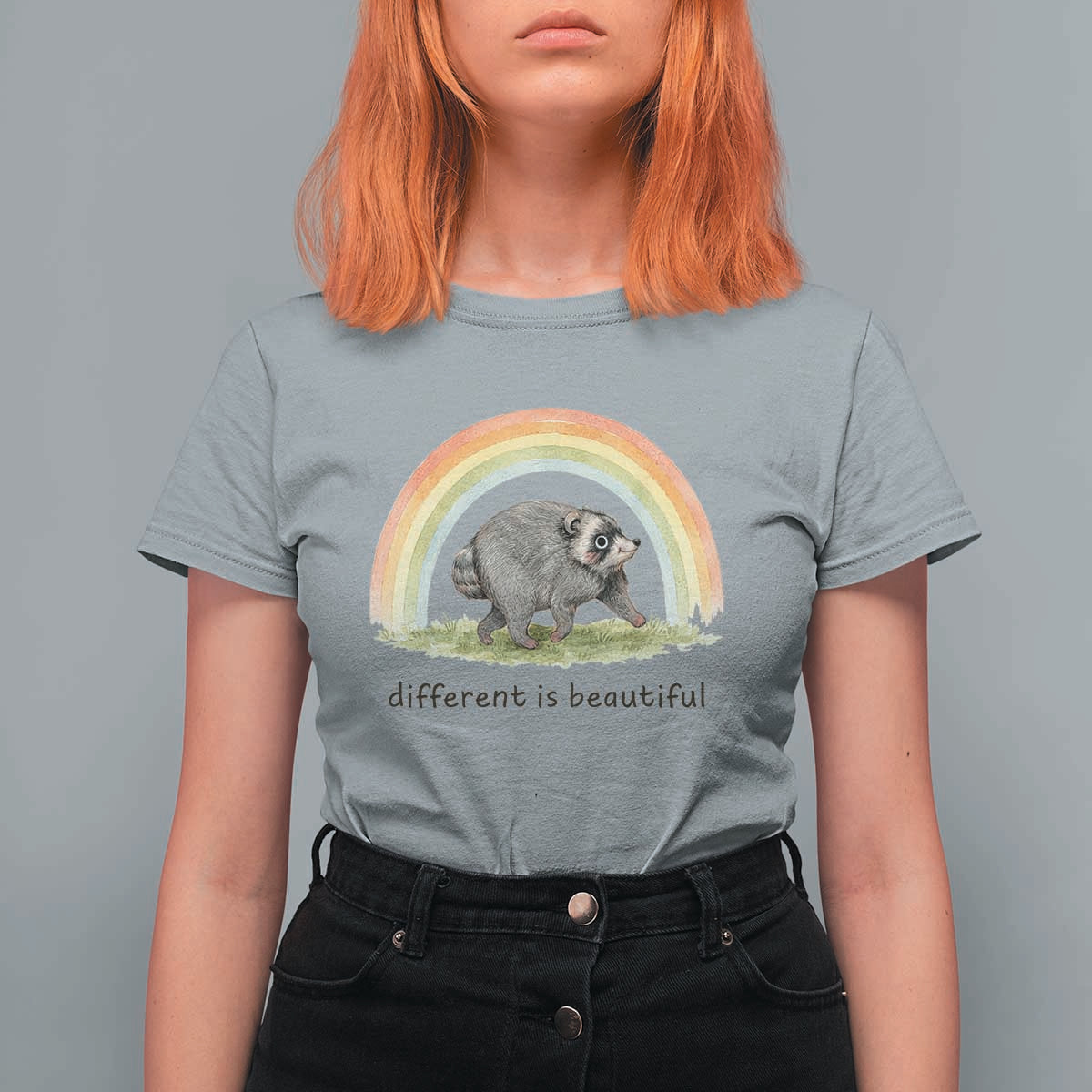 Cute Viral Raccoon Positive Quote T Shirt For Women Different Is Beautiful Pastel Rainbow Graphic