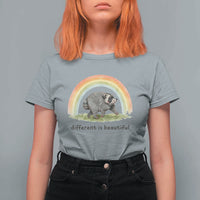 Cute Viral Raccoon Positive Quote T Shirt For Women Different Is Beautiful Pastel Rainbow Graphic