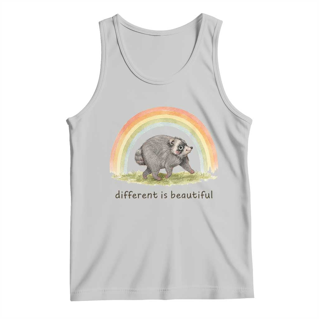 Cute Viral Raccoon Positive Quote Tank Top Different Is Beautiful Pastel Rainbow Graphic