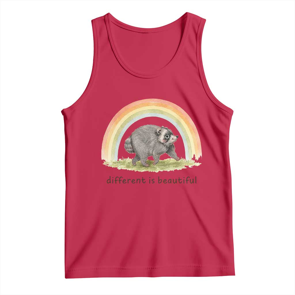Cute Viral Raccoon Positive Quote Tank Top Different Is Beautiful Pastel Rainbow Graphic