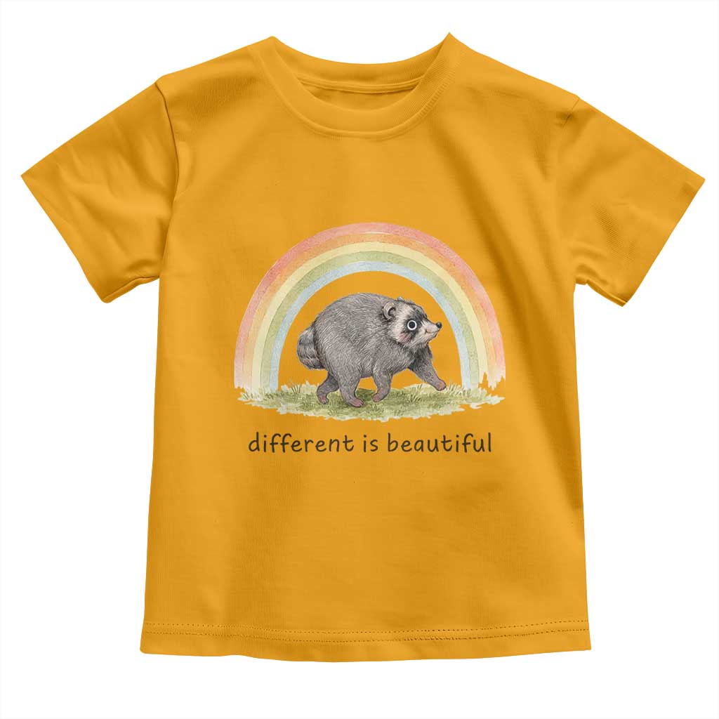 Cute Viral Raccoon Positive Quote Toddler T Shirt Different Is Beautiful Pastel Rainbow Graphic