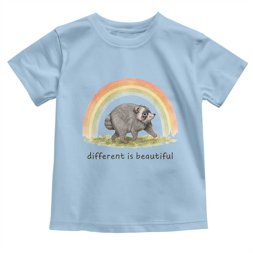 Cute Viral Raccoon Positive Quote Toddler T Shirt Different Is Beautiful Pastel Rainbow Graphic