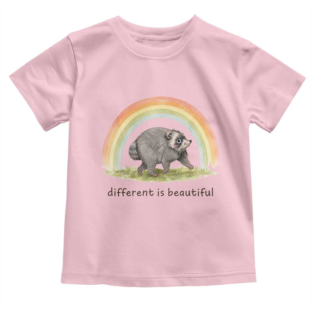 Cute Viral Raccoon Positive Quote Toddler T Shirt Different Is Beautiful Pastel Rainbow Graphic